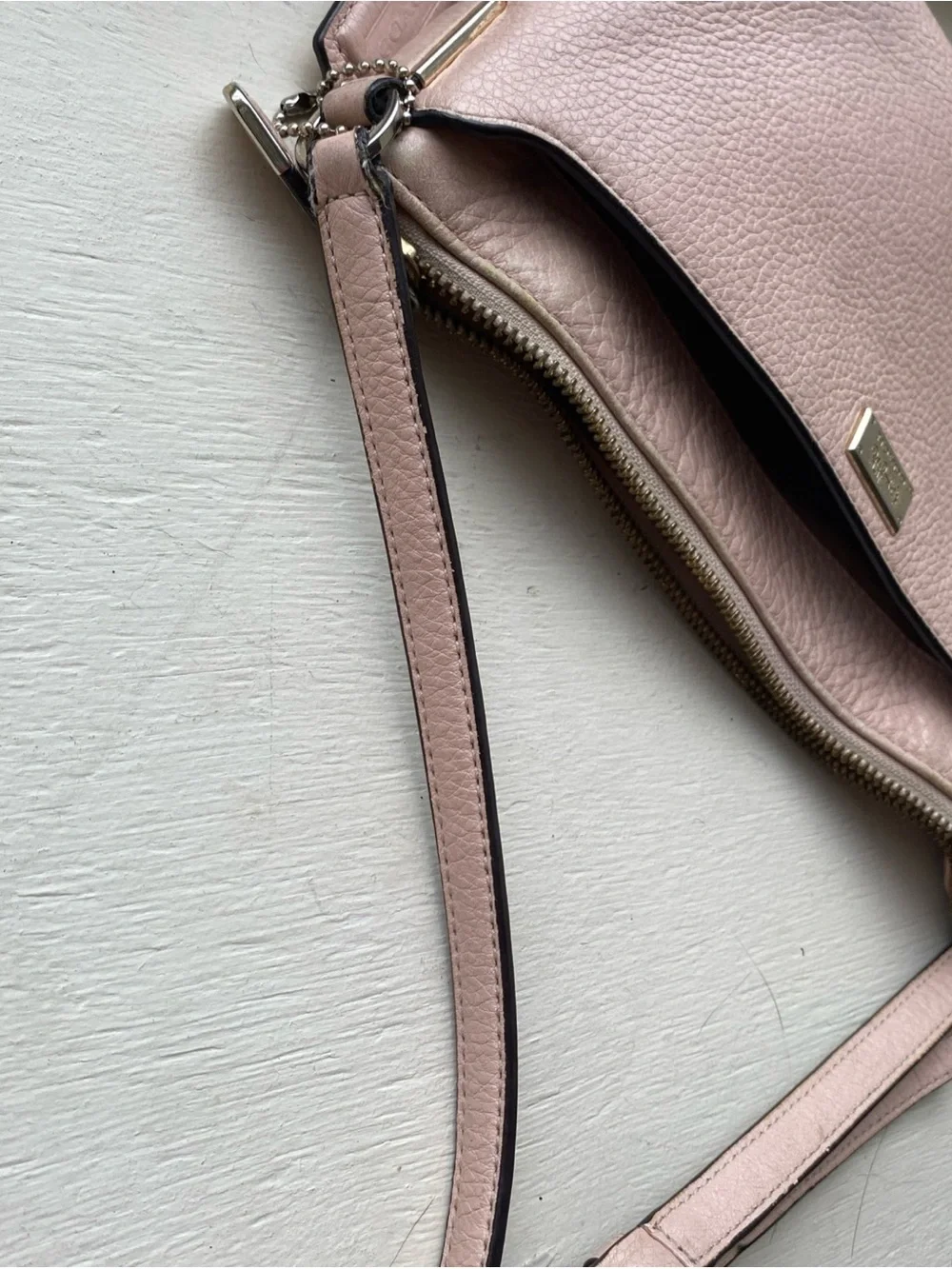 Coach Madison East West Pebbled Leather Crossbody Purse in Blush Pink dirty